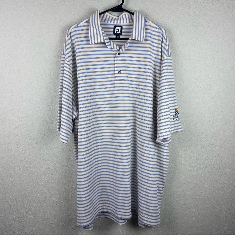 FJ FootJoy Men's White and Blue Striped Short Sleeve Polo Golfing Shirt, XXL